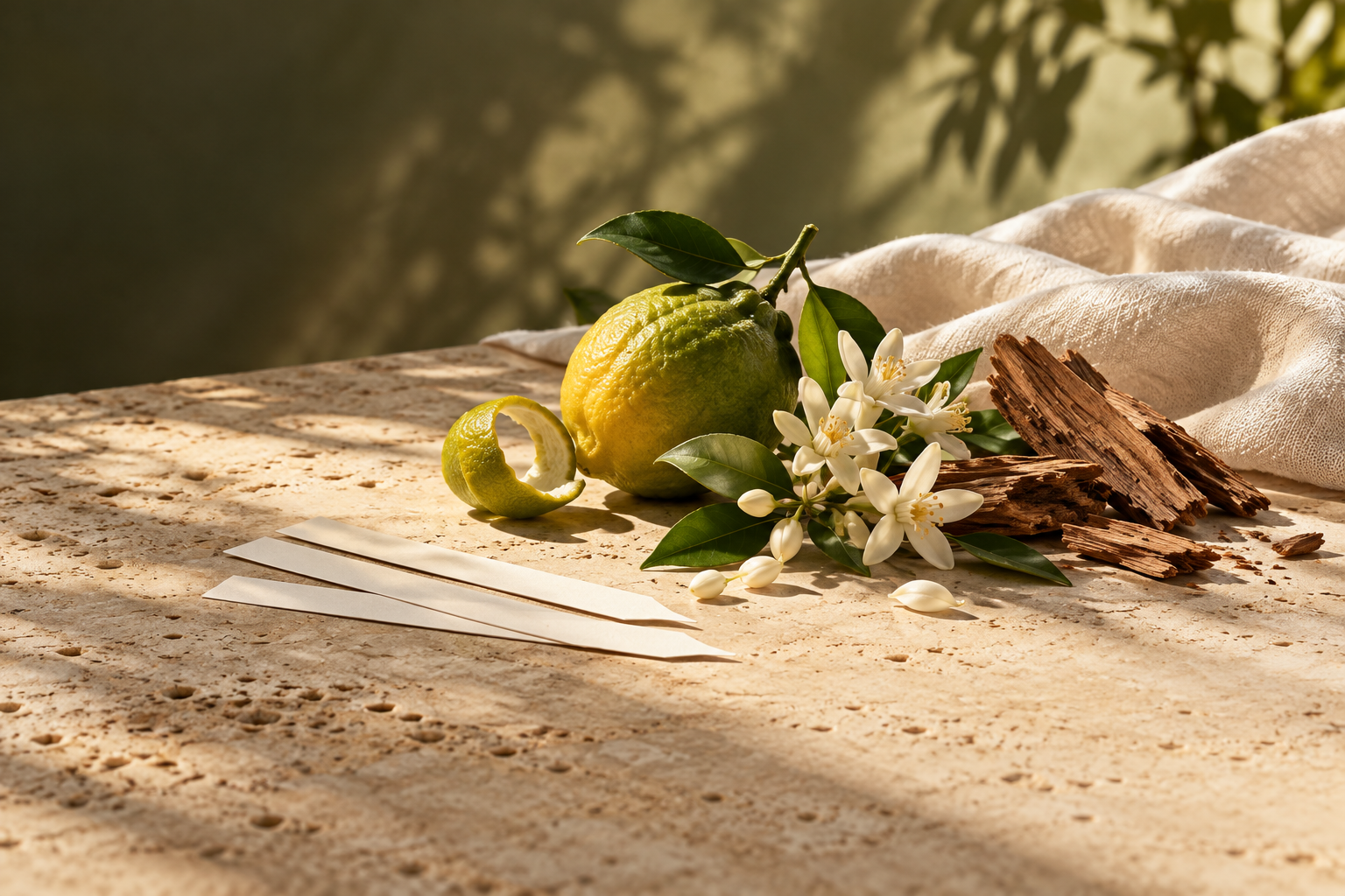 Bergamot, white blossoms, cedarwood and blank scent strips on sunlit travertine